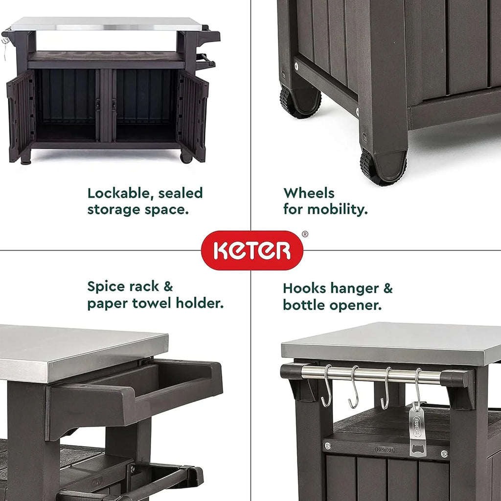 Keter Outdoor Rolling Table Cart for Food Prep, Storage, Bar & Grill, Dark Brown