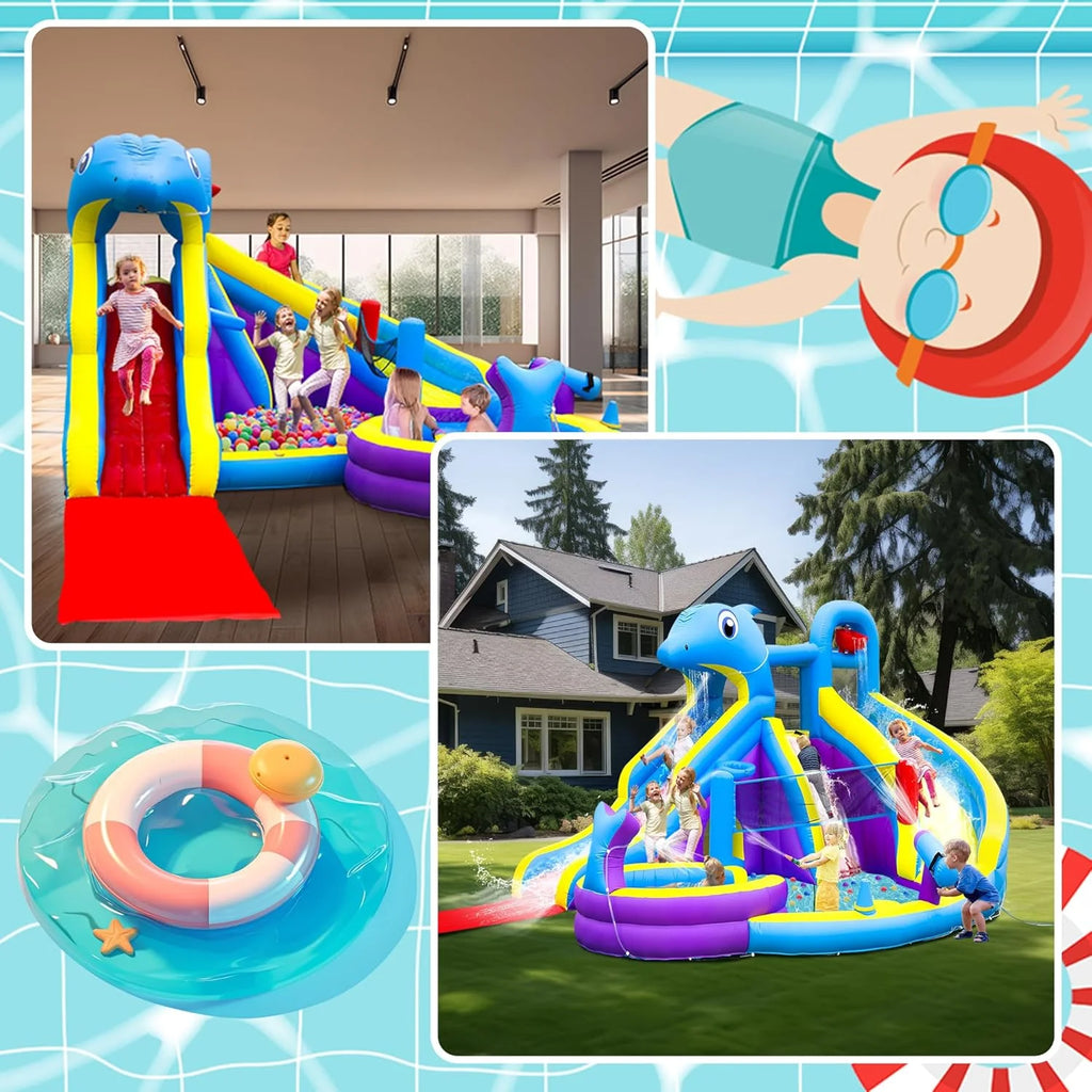11-in-1 Inflatable Water Slide & Dolphin Bounce House w/2 Long Slides, 19.7 Ft x 13.1 Ft Extra Large Waterslide Climbing Wall w/Small Deeper Pool,Water Cannons,Hoop for Kids Backyard,550W Blower