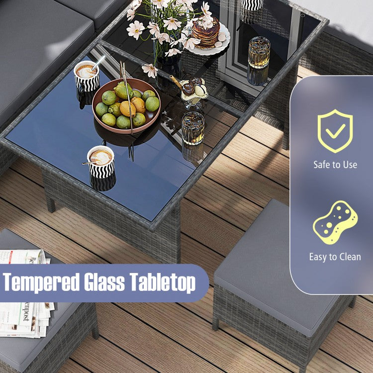 7 Pieces Patio Dining Furniture Set with Soft Cushions and Ottomans