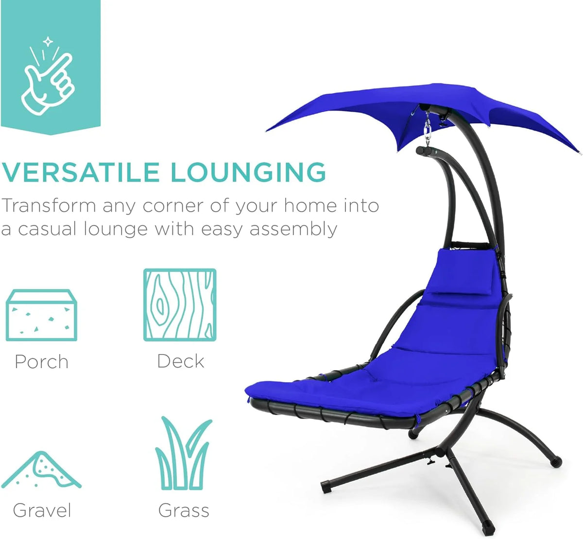 Best Choice Products Outdoor Hanging Curved Steel Chaise Lounge Chair Swing w/Built-in Pillow and Removable Canopy - Charcoal Gray