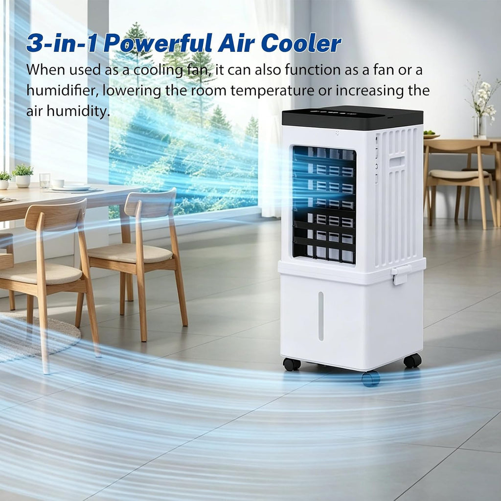 3-IN-1 Portable Evaporative Air Cooler, Remote Control Air Conditioner Fan with 15L Tank, 3 Speeds, 7.5H Timer, 120° Oscillation, Low Energy Cooling Fan for Home Bedroom Office