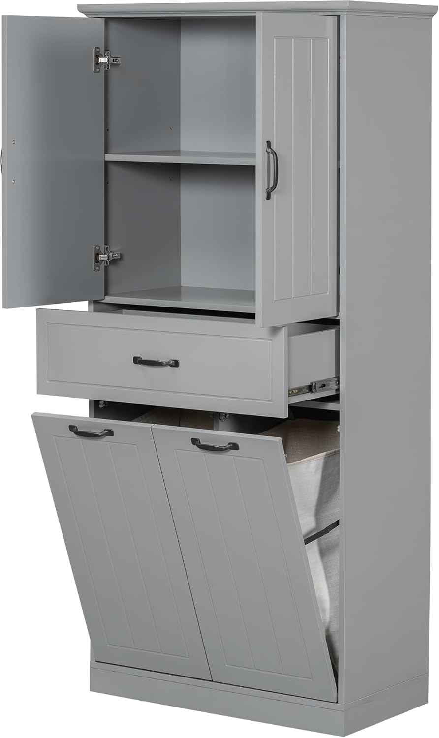 Christopher Knight Home 65.8" Tall Storage Cabinet, Modern Freestanding Large Cupboard with Drawer and Two Laundry Hampers, Bathroom Cabinet with Adjustable Shelf, Gray