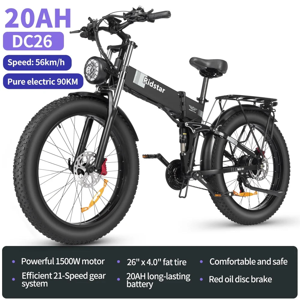 Eletric Bike for Adults, 750W Motor 48V 20Ah Removable Battery 26” Fat Tire Folding E-Bike Shimano 21-Speed MTB Cycling UL2849