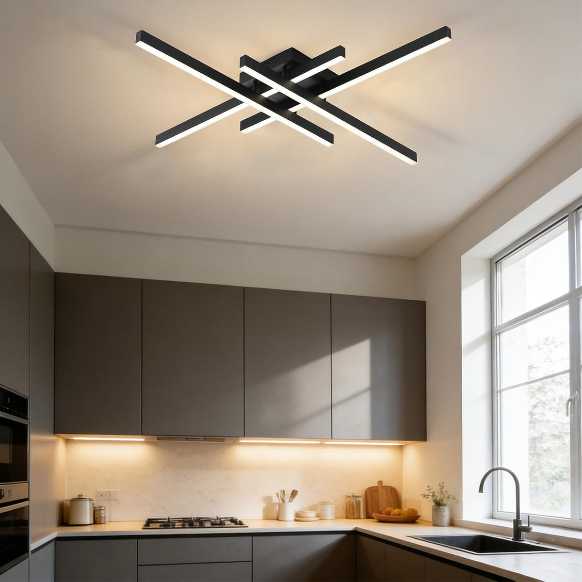 Semi Flush Mount Modern Light Fixture,35.4" Modern LED Ceiling Lights Fixture,for Hallway,Entrance,Cafe,Living Room,Bedroom,Corridor,Porch,Passage Light Fixtures (Black (4-Lights))