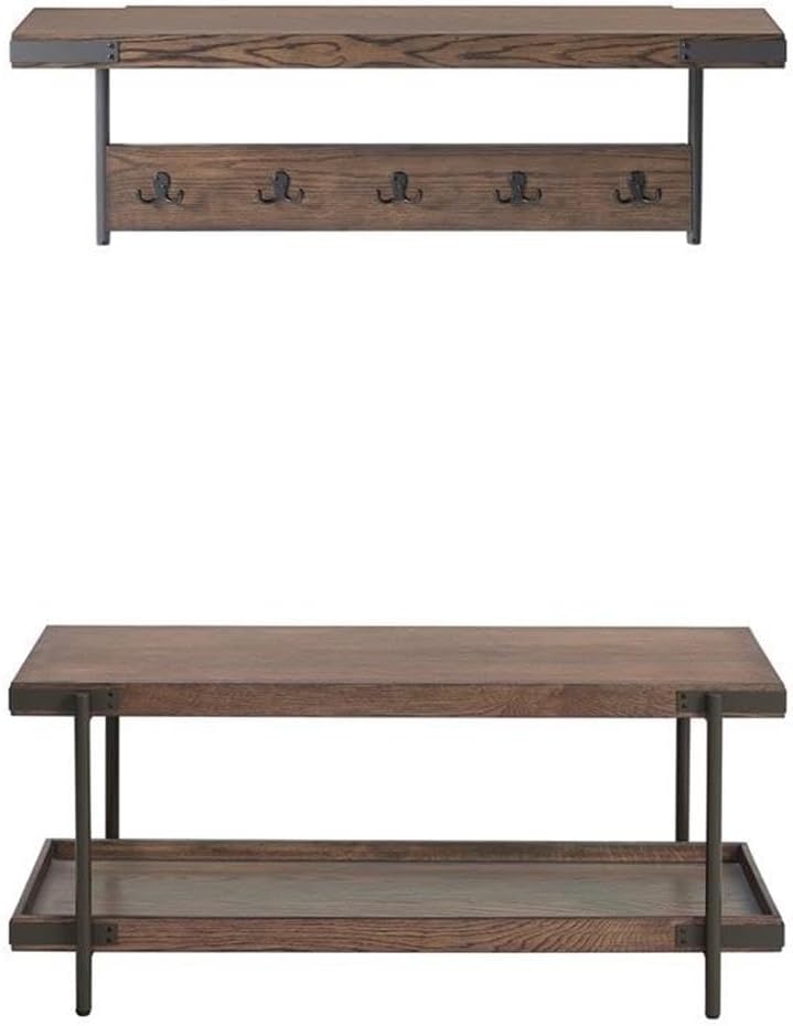 Alaterre Furniture Kyra 42" Oak and Metal Entryway Coat Hook with Shelf and Bench Set - Rustic Industrial Style - Solid Wood Tray Tops - Black Double Hooks - Easy Assembly