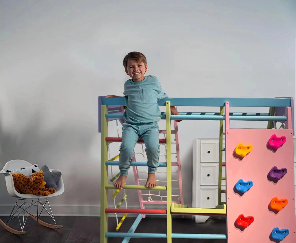 Avenlur Magnolia Indoor Playground 6-in-1 Jungle Gym Montessori Waldorf Style Wooden Climber Playset Slide, Rock Climbing Wall, Rope Wall Climber, Monkey Bars, Swing for Toddlers, Children Kids 2-8yrs