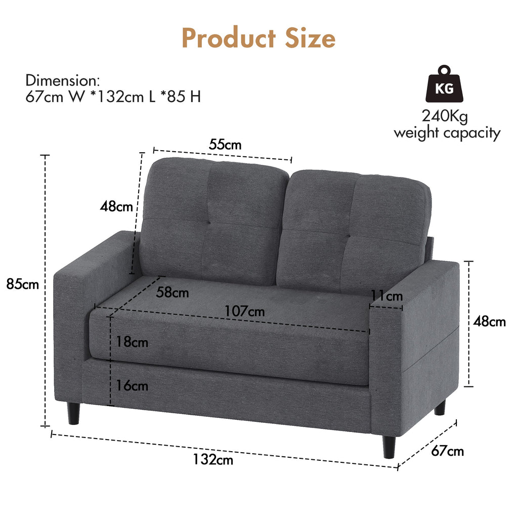 2-Seater Sofa 132cm Loveseat Sofa Dark Grey