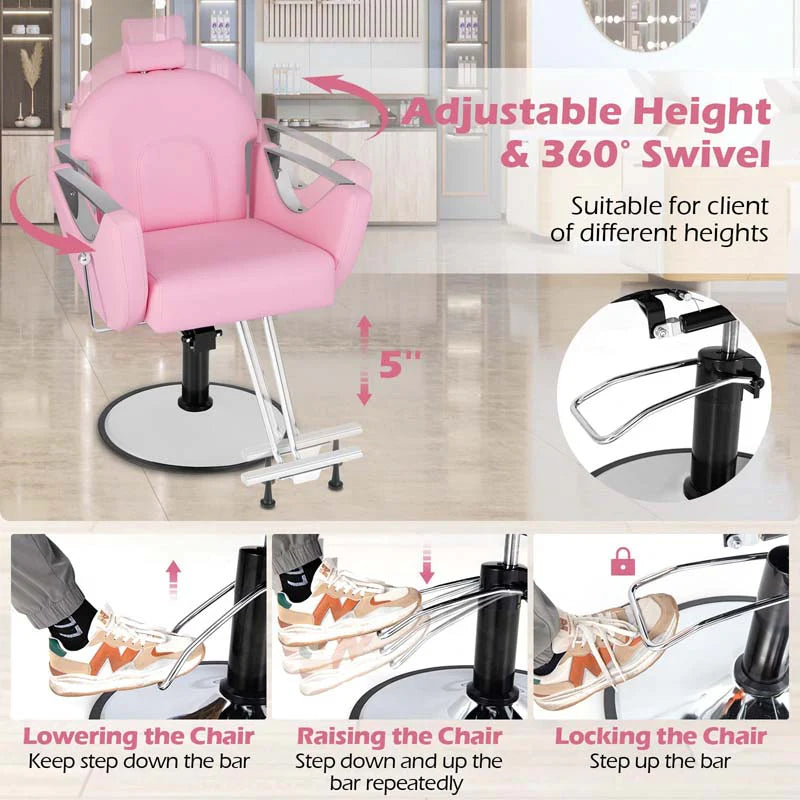 Reclining Barber Chair, 360�� Swivel Salon Chair with Heavy Duty Hydraulic Pump, Adjustable Height & Headrest for Hair Styling, Makeup, Tattoo
