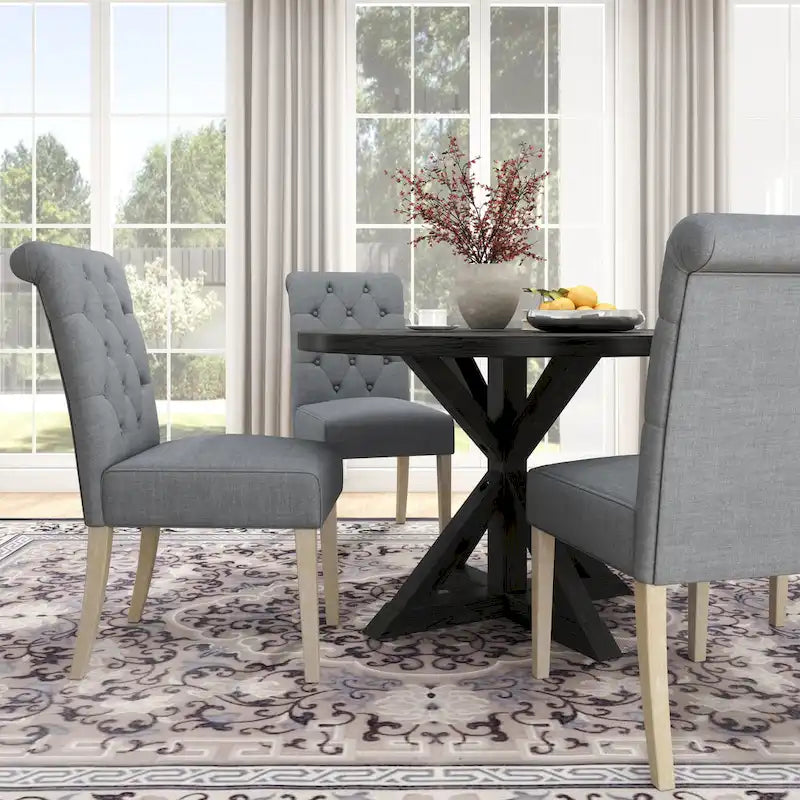 5 Piece Dining Table Set, Wooden Kitchen Furniture Set, Round Table with Cross-Buck Pedestal Base and 4 Tufted Chairs