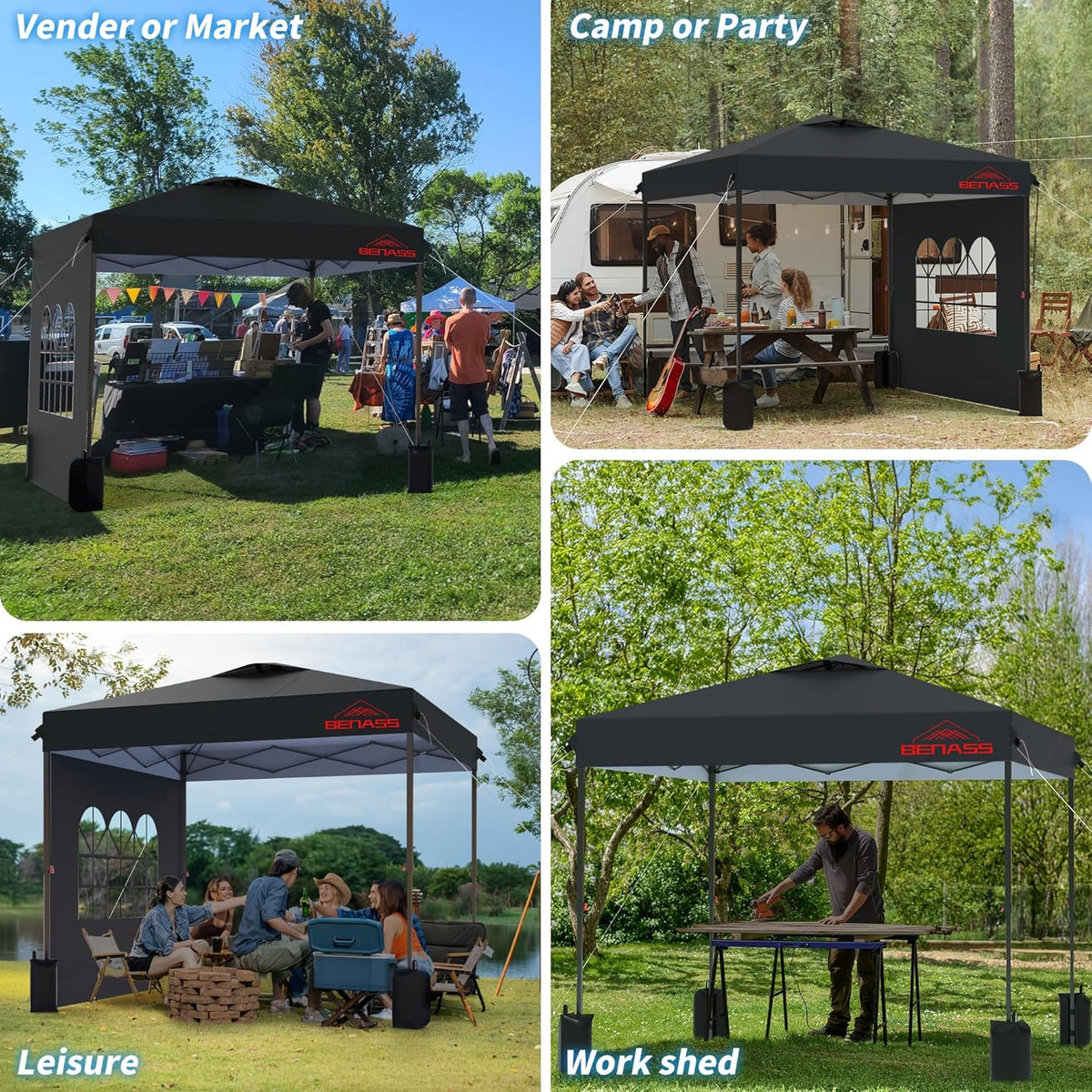 10x10 Pop Up Canopy with Sidewalls  Easy Up Canopy Tent  Heavy Duty Tents for Parties  One Person Set Up Event Tent  Black