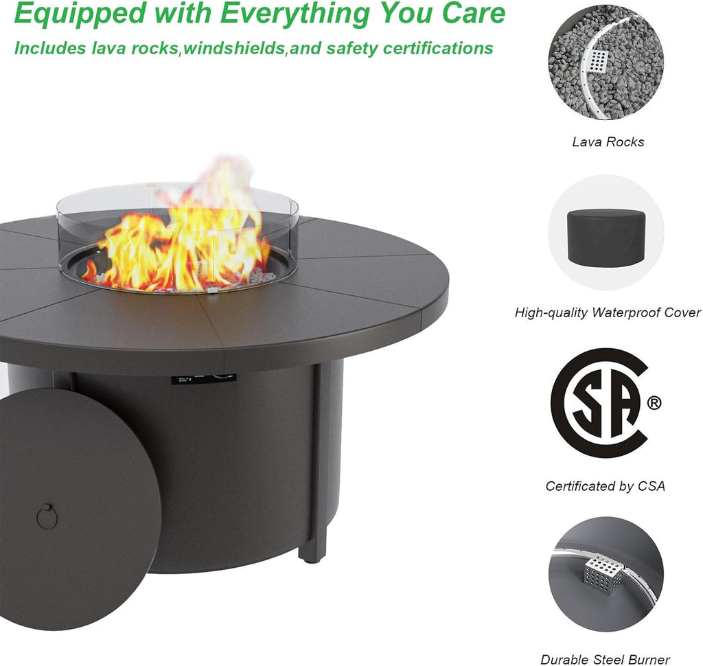48" Round Propane Fire Pit,Steel Tabletop Fire Pit w Lava Rocks,55000 BTU Auto-Ignition CSA Certified Gas Fire Pits with Lid & Windproof Glass for Outdoor,Patio,Backyard