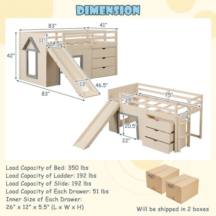 3-In-1 Twin Loft Bed with Slide Ladder Drawers for Kids Teens