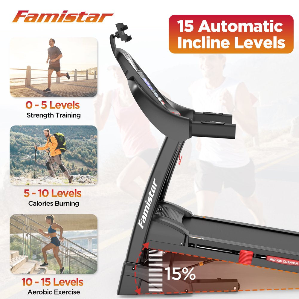 Famistar 4.5HP Foldable Treadmill, 15 Auto Incline Levels, 10MPH Speed, 300LB Capacity, Home Exercise Machine