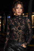 Floral Mesh Mock Neck Top-Black