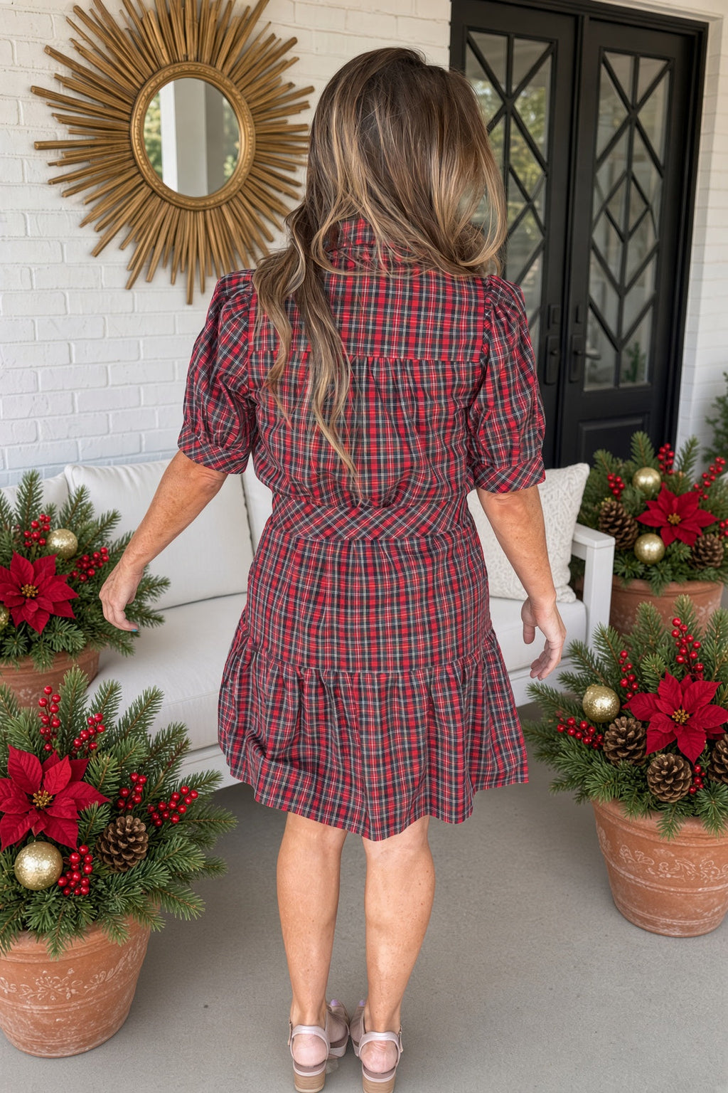 Holiday Cheer Plaid Puff Sleeve Dress-Red - view 4