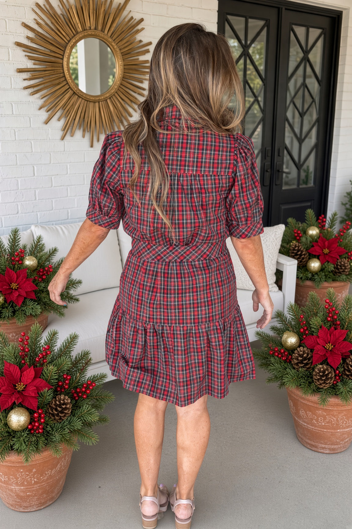 Holiday Cheer Plaid Puff Sleeve Dress-Red - view 4