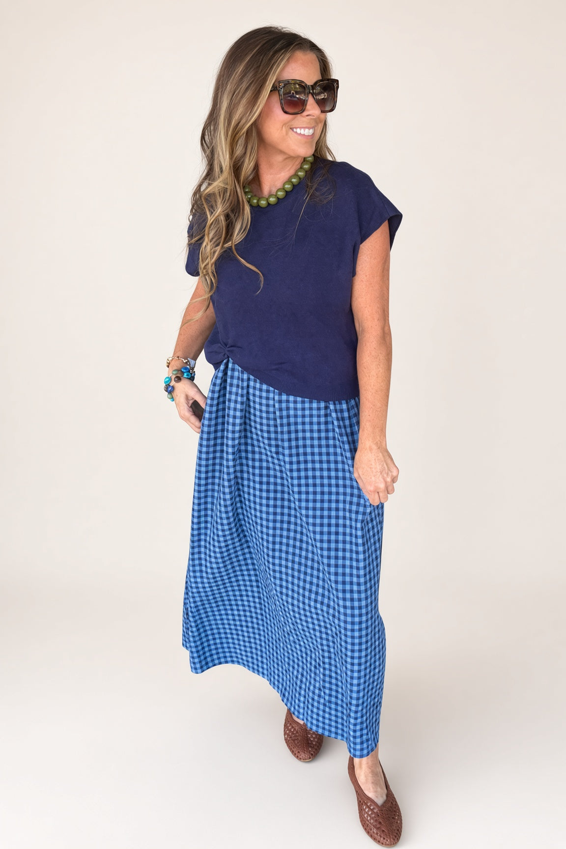 It's Gingham Time Layered Maxi Dress-Navy