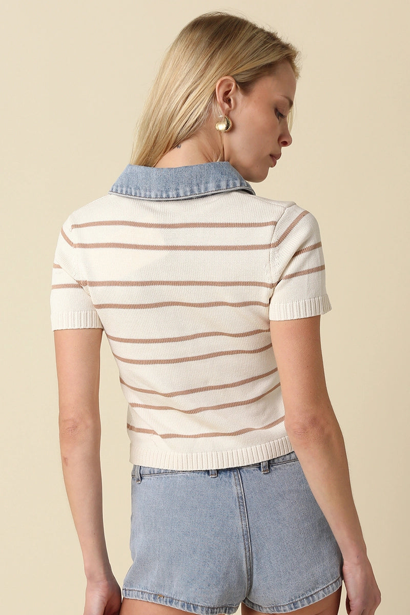 My Whole World Contrast Trim Top-Natural/Mocha - view 3