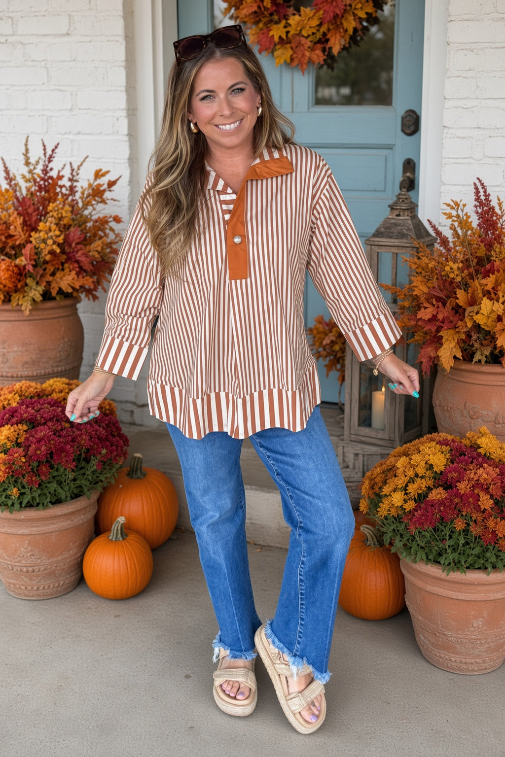 Pearls Of Wisdom Striped Top-Caramel