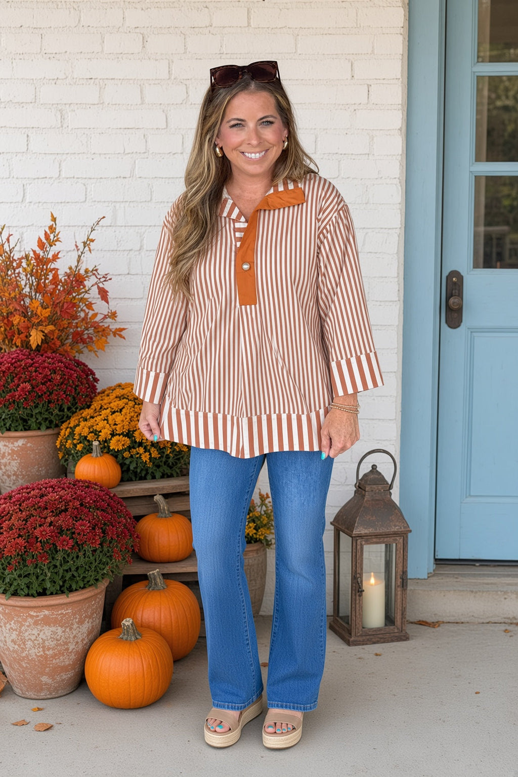 Pearls Of Wisdom Striped Top-Caramel - view 2