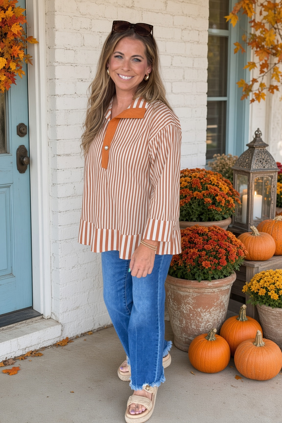 Pearls Of Wisdom Striped Top-Caramel - view 3