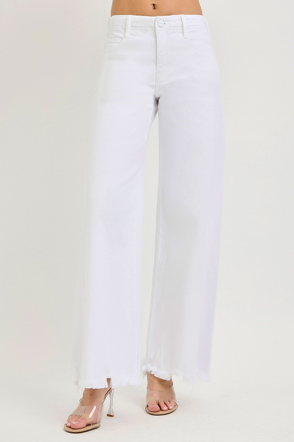 Risen Jeans-High Rise Palazzo Frayed Hem Denim-White