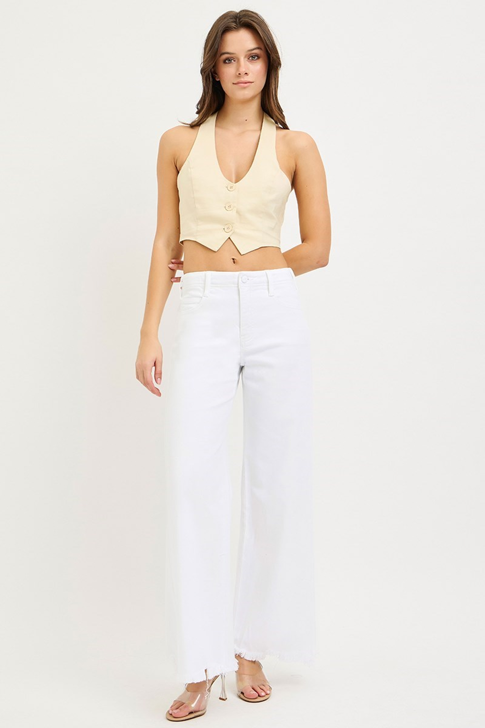 Risen Jeans-High Rise Palazzo Frayed Hem Denim-White - view 4