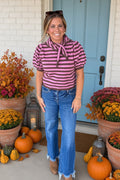 Tied To You Striped Short Sleeve Sweater Top-Pink/Brown